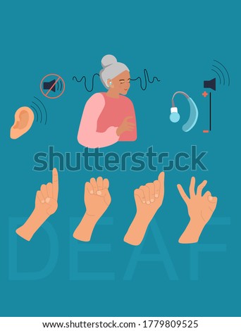 International Deaf day flat vector illustration.Old deaf woman with hearing aid.Sign language communication.Hearing disability concept.Ear care.Equal rights.World Hearing day.IDSL. Sound off/on
