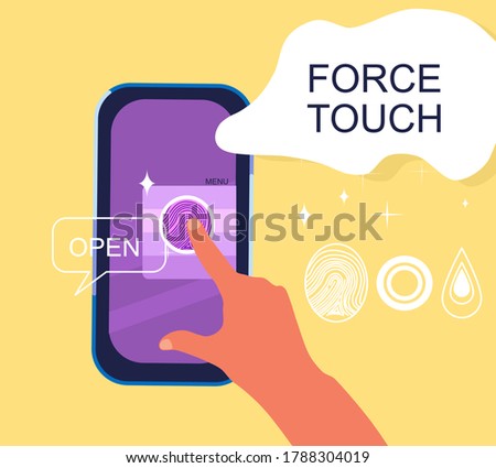 Force Touch technology concept. Human hand uses pressure sensors on digital smartphone display. Various signs, fingerprint. Tap gesture flat vector icon for apps and websites.Waveforms and vibration