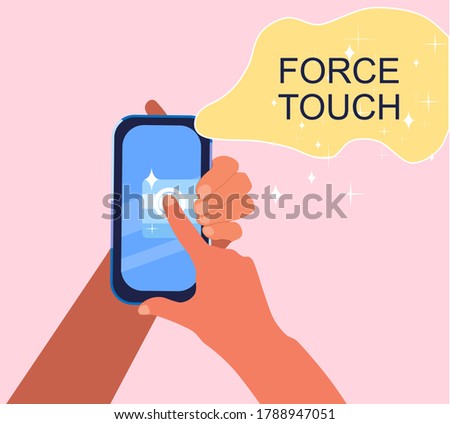 Force Touch technology concept. Human hands using pressure sensors on digital smartphone display. Tap gesture flat vector icon for apps and websites.Waveforms and vibration.Glare and stars around