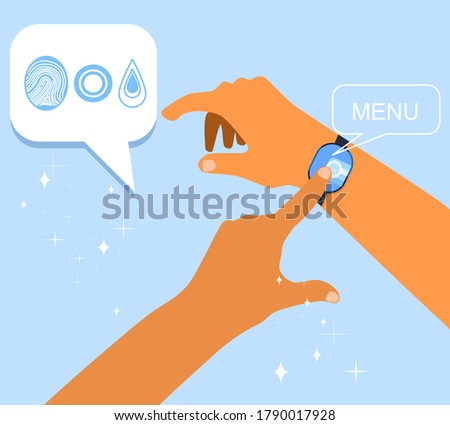Force Touch technology concept. Human hand uses pressure sensors on digital smart Watch display. Various signs, fingerprint. Tap gesture flat vector icon for apps and websites.Waveforms and vibration