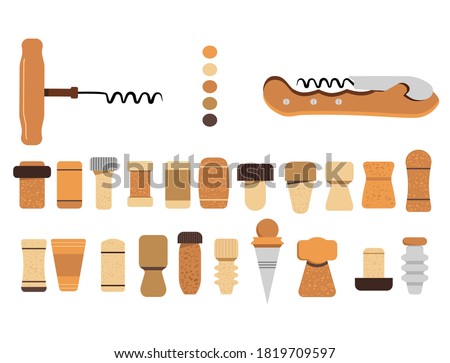 Cork stoppers collection. Different types and forms bungs and plugs for alcohol bottles. Tailspin for opening wine.Champagne production and packaging technologies.Isolated vector on white background