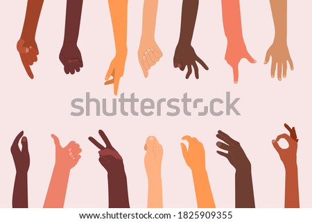 Human hands different ethnicities and various gestures set.One, two or three fingers,OK,fist or palm.Template for your text in the middle.Sign language.Vector in flat style.Multiethnic thumbs