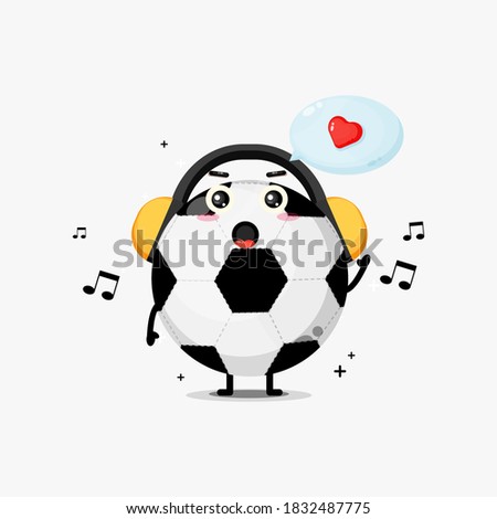 Cute football ball mascot listening to music