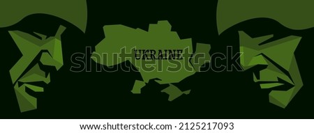 image on the theme of Russian aggression against Ukraine.vector polygonal camouflage silhouettes in profile of two soldiers in helmets.Ukrainian-Russian military crisis. war between Ukraine and Russia