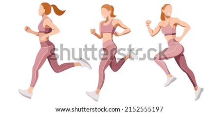 vector set images of a beautiful slender girl in a sports uniform (leggings and a sports bra) is engaged in fitness, sports, trains isolated on a white background. woman runs. morning run. jogging. Photo stock © 