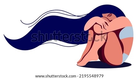 vector image sad lonely crying girl, wrapped her arms around herself, defending herself from the mental load. a victim of domestic violence or abuse, physical harassment. depression, mental disorders