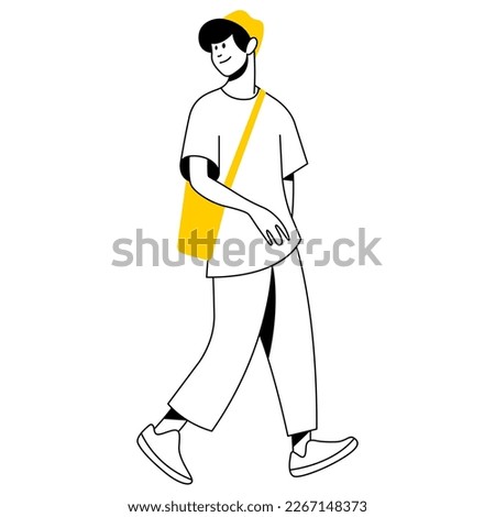 vector flat design trendy linear image stylish modern man, guy, boy, student, teenager walking down the street. street style. useful for web, graphic design, print, card, poster, flyer. 2d people.