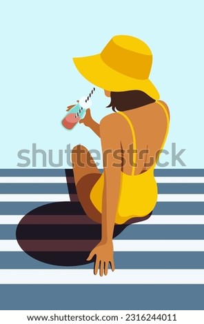 vector trendy image on the theme of summer holidays. a woman in a yellow swimsuit sits with her back on the edge of the pool in a big hat with a drink, sunbathes, rests, relaxes in a tropical resort.