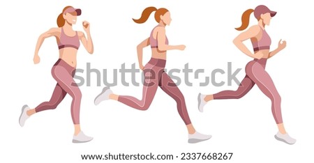 vector set of a realistic slender girl in a sports uniform (leggings and a sports bra) is engaged in fitness, sports, trains isolated on a white background. woman runs. morning run. jogging. marathon