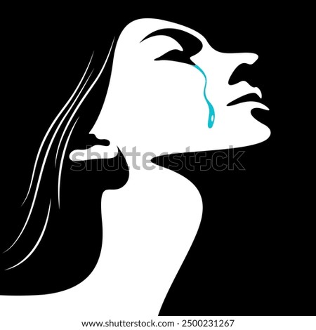 black and white light and shadow vector illustration of a woman's face with tears flowing down her cheeks. war, victim of violence, domestic violence against women, abuse, harassment. social poster. 