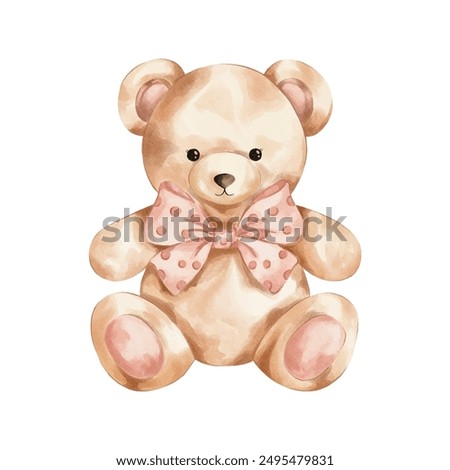 Vector watercolour teddy bear illustration. Teddy bear with a pink bow clip art. Birthday girl party decoration. 