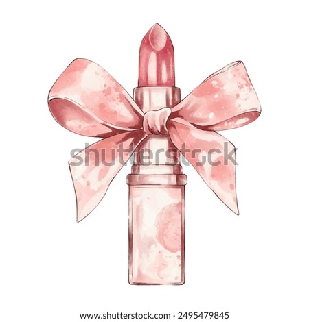 Vector watercolour lipstick with a pink satin bow. Fashion illustration of a lipstick in a modern style. Girl Birthday decoration