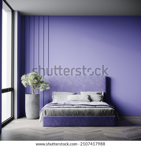Bedroom in trend veri peri color. A bright empty lavender wall and a purple velor bed. Lilac, amethyst, cornflower shades of room interior design. 3d render Foto d'archivio © 