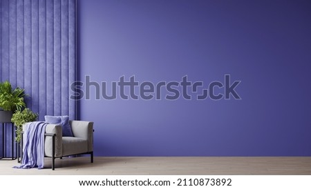 Horizontal space with bright mockup empty wall. Very peri lavender paint color. Living room - modern design interior home. 3d render Foto d'archivio © 