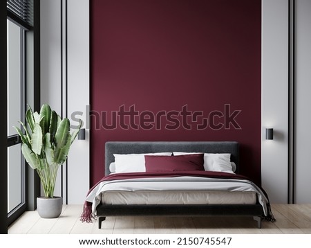 Large bright master bedroom with big gray bed in the center. Contrasting colors - burgundy, black, grey and white. Art headboard accent wall. Luxury room design. 3d rendering Foto stock © 