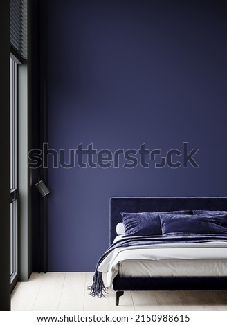Luxury modern bedroom in blue color. Dark room interior design home. Black and navy tones accent wall for the mockup art. Painting nice space for pictures or lamp. 3d rendering Foto d'archivio © 