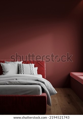 Accent bedroom in dark colors - burgundy and gray. Maroon empty painted wall  background and cherry bed velor. Blank wall for art. Contemporary interior design. 3d rendering ストックフォト © 