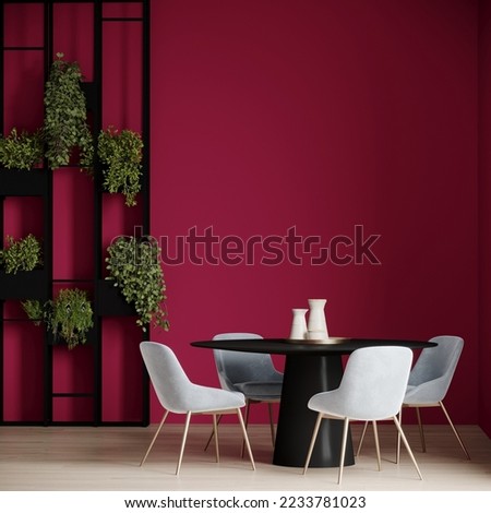 Meeting area or dining room with large black round table and lightblue gray chairs. Empty wall in viva magenta 2023 trend color accent. A large green plant. Dinning modern kitchen interior. 3d render Imagine de stoc © 