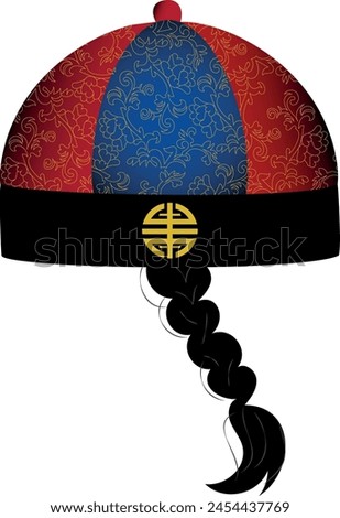 Vector hat of traditional red-black mandarin or landlord hat with pigtail. National Chinese male cap.