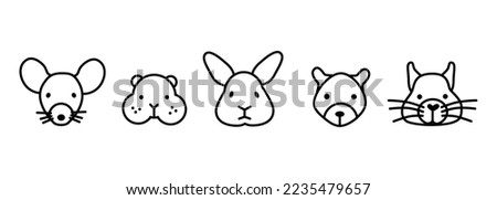 Icon set of rodents. Outline web collection consists of cartoon faces: mouse, hamster, rabbit, bunny, gerbil, degu. Vector illustration of pets in line style for vet and pet shop