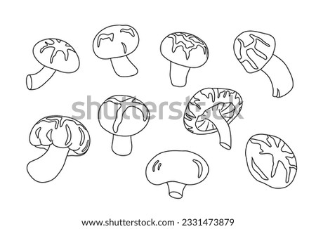 Shiitake mushrooms outline collection. Asian organic food. components. Natural Chinese ingredient for vegan and vegetarian diet. Edible raw vegetable for Japanese cousine. Vector illustration plant