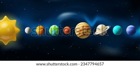 3d render solar system. Realistic Sun, Earth, Mercury, Venus, Mars, Jupiter, Saturn, Uranus, Neptune. Vector illustration about near outer space. Astronomy science in plastic style. Cosmos map