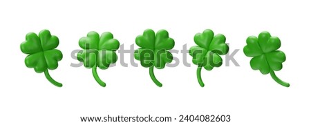 3D render set of clovers. Saint Patrick's Day symbol of luck. Green shamrock variation for celebration. Irish traditional objects in collection for holiday. Celtic vector spring floral plant.
