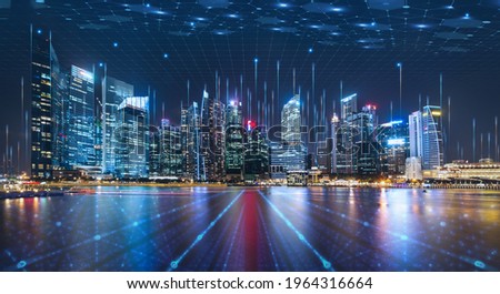 Photo of Smart city dot point connect with gradient grid line, connection technology metaverse concept. Night city banner with big data. 