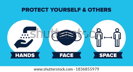 Hands Face Space UK Covid-19 Prevention Slogan Banner. Vector Graphic with Icons, Pink Background and 'Hands Face Space' Government Social Distancing Slogan. 'Protect yourself & others'