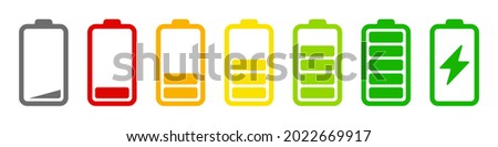 Battery icon set. Battery charge charging indicator icons. Battery energy level symbols. Flat style - stock vector.