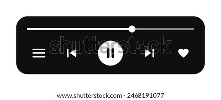 Music Player User Interface Vector. Audio Media Player Widget with Buttons and Song Duration Bar. Modern UI Design Element for Music App Design with Pause, Play, Skip, Favourite, Queue Buttons.