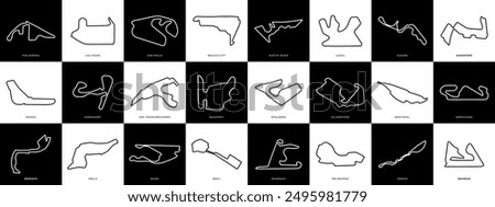 Grand Prix Racing Circuits Set. Collection of GP Race Track Illustrations with Editable Stroke. Formula Racing Circuit Vectors.