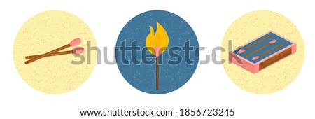 A box of pink matches, a burning match and two pieces in a circle with noises isolated on a white background. Elements in the isometry from a set of matches. Vector illustration in flat style.