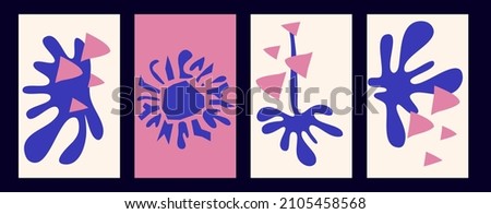 Matisse shape cover with organic aigae. Blue abstract coral with triangle and sun on pink background. Modern cover template design. Set of vertical posters.