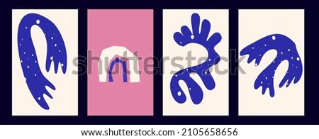 Matisse shape cover with organic aigae. Blue abstract coral and rainbow on pink background. Modern cover template design. Set of vertical posters.