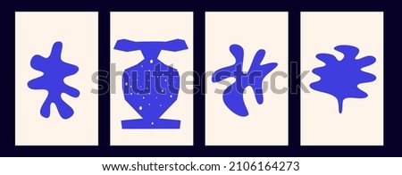 Matisse shape cover with organic aigae. Blue abstract coral and vase with texture. Modern cover template design. Set of vertical posters.