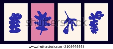 Matisse shape cover with organic aigae. Blue abstract coral and leaf on pink background. Modern cover template design. Set of vertical posters.