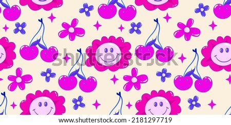Trippy psychedelic aesthetic y2k seamless pattern. Trippy smile retro pop funny cartoon character. Smile Happy face. Psychedelic print. Daisy flower, cherry and star. Imagine de stoc © 