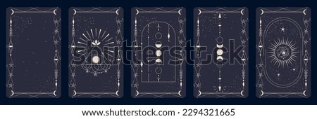 Tarot card set with mystic eye and celestial border. Boho esoteric tarot card with eye and frame. Vector illustration. Sacred geometry celestial triangle