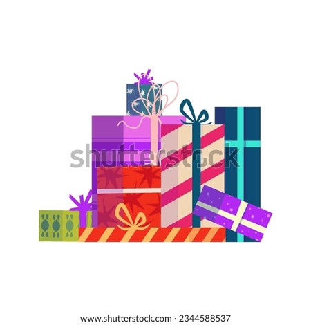 Gift Christmas present stack. Colorful group box with ribbon. Holiday xmas giftbox stack. Cartoon vector illustartion. Gift xmas pile.