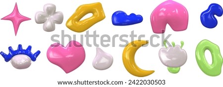 3d set y2k colorful glossy plastic element set. Abstract shape plastic render. Y2K form heart, star and flower. Vector illustration 3d render.