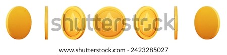 Gold Coin set 3d render different position. Game Money on white background. Coin with star for game reward and prize. Vector 3d illustration.