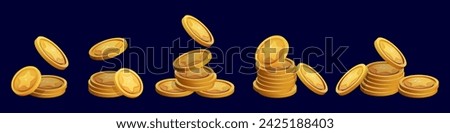 Game Coin Stack set 3d render isolated. Gold Money on dark background. Coin with star for game reward and prize. Vector 3d illustration.