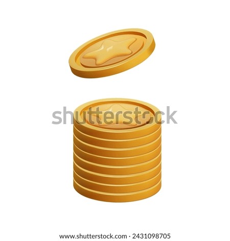 Gold Coin Stack 3d render isolated. Game Money on white background. Coin with star for game reward and prize. Vector 3d illustration.