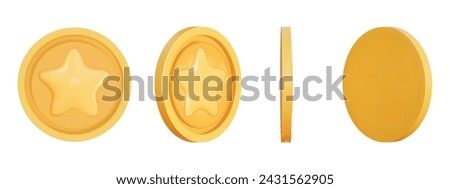 Gold Coin set 3d render. Game Money on white background. Coin with star for game reward and prize. Vector 3d illustration.