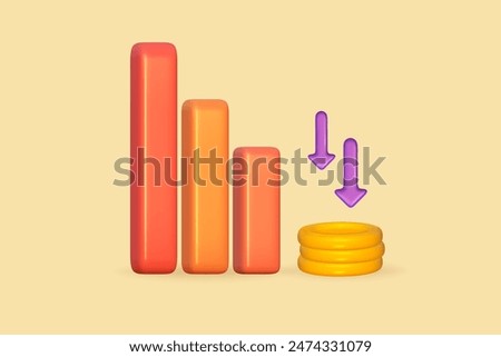 3d coin gold stack with down bar. 3d money with arrow on graph down. Pile coin loss. Vector render illustration.