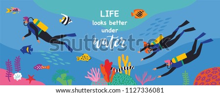 Divers swim over coral reef. Vector illustration. Horizontal banner.