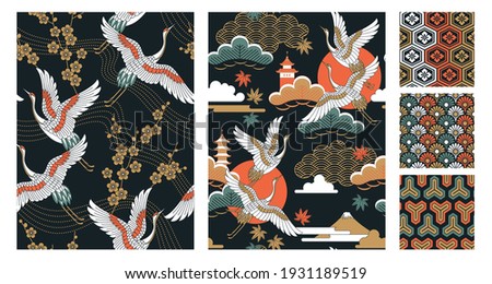 Set of seamless Japanese-style patterns with autumn landscapes, oriental cherry flowers, cranes and maple leaves. Vector illustration.