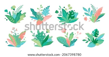 Abstract modern foliage collection. Botanical futuristic elements isolated on a white background. Vector illustrations in flat style. Branches, wild flowers, palm leaves, berries and grass.