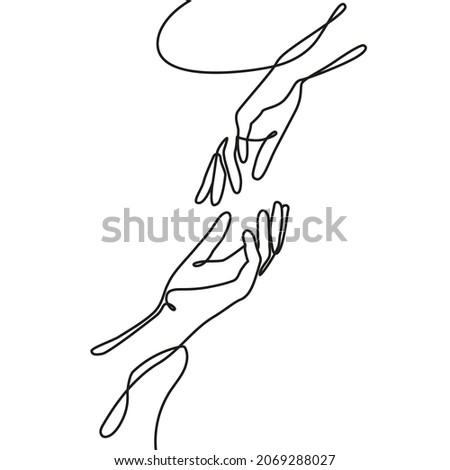 Two hand's touch in one line art style isolated on a white background. Rescue, assistance, care icon. Continuous line icon. Outline minimalist design. 